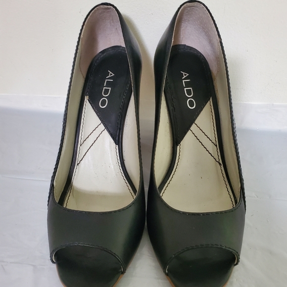 ALDO PUMPS LEATHER BLACK WOODEN HEELS SZ 6 SHOES - Picture 3 of 9